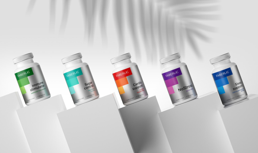 Faberlic 營養補充劑包裝設計，類似臺階的F字母符號，加銀色效果