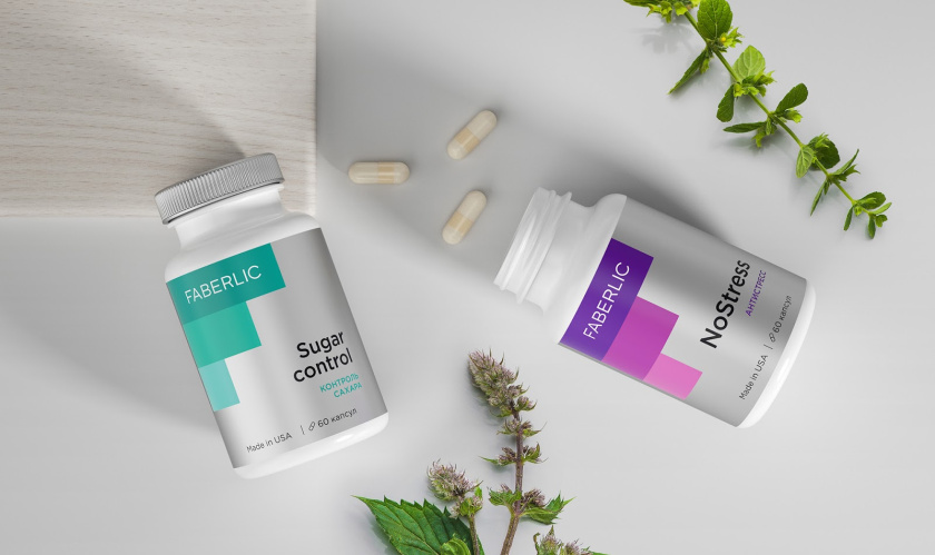 Faberlic 營養補充劑包裝設計，類似臺階的F字母符號，加銀色效果