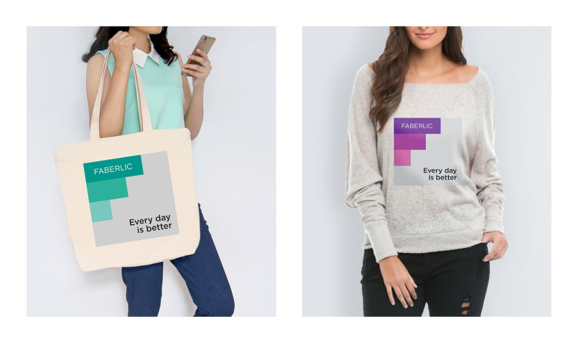 Faberlic 營養補充劑包裝設計，類似臺階的F字母符號，加銀色效果