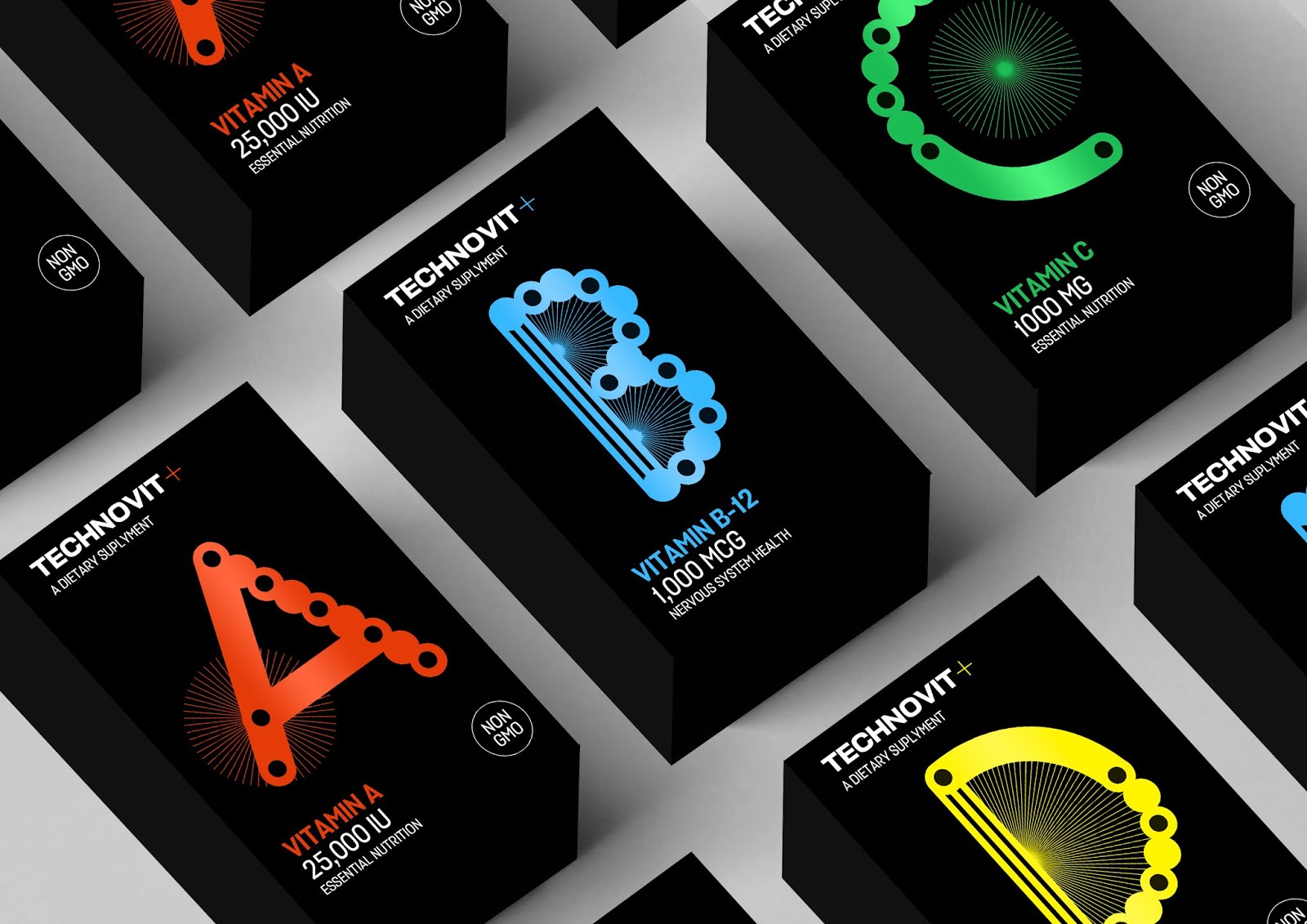 TECHNDVIT維生素包裝設計“字母風格”，源自電子音樂的的明亮全息圖像和配色