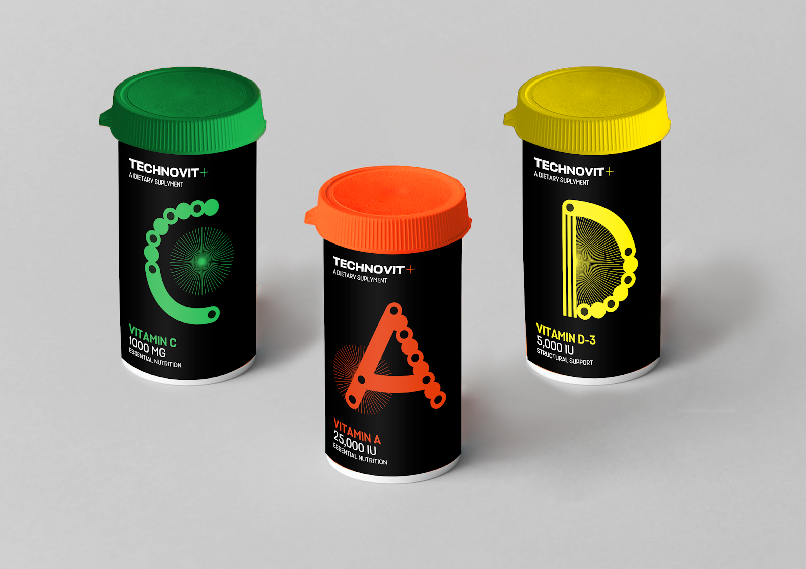 TECHNDVIT維生素包裝設計“字母風格”，源自電子音樂的的明亮全息圖像和配色