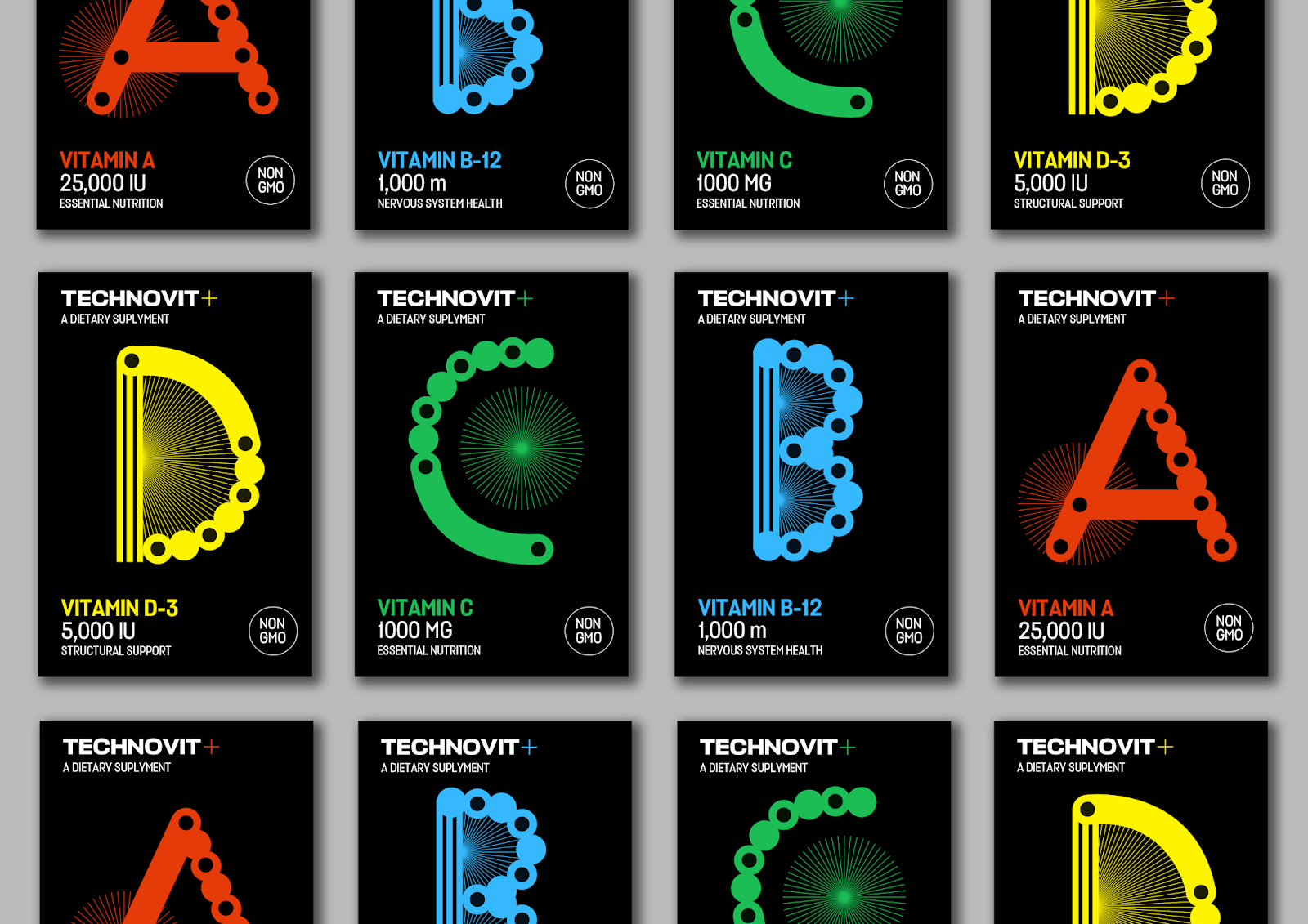 TECHNDVIT維生素包裝設計“字母風格”，源自電子音樂的的明亮全息圖像和配色
