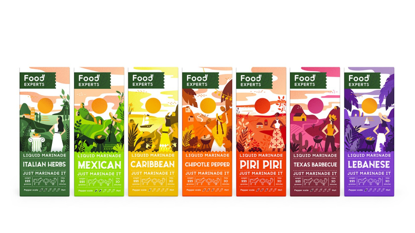 液體腌料調味品食品包裝設計，色彩鮮艷的女孩戶外燒烤插畫設計