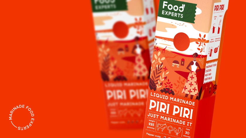 液體腌料調味品食品包裝設計，色彩鮮艷的女孩戶外燒烤插畫設計