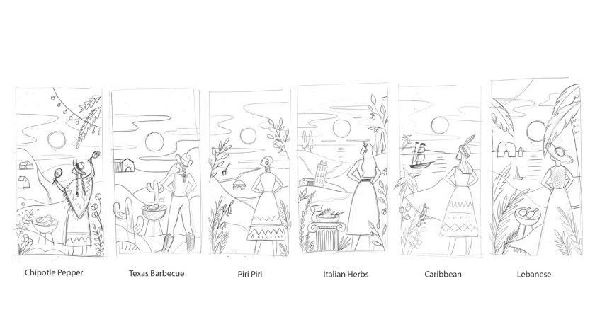 液體腌料調味品食品包裝設計，色彩鮮艷的女孩戶外燒烤插畫設計