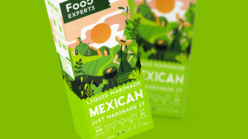 液體腌料調味品食品包裝設計，色彩鮮艷的女孩戶外燒烤插畫設計