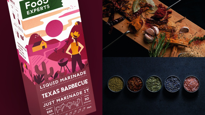 液體腌料調味品食品包裝設計，色彩鮮艷的女孩戶外燒烤插畫設計