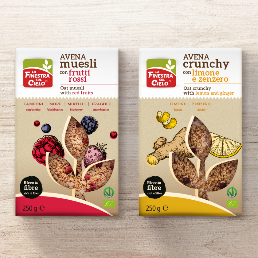 嘎吱嘎吱品牌識別風格松脆麥片食品包裝設計，開窗源自品牌logo圖形