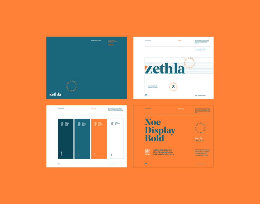 Zethla 建筑公司logo設(shè)計vi設(shè)計，正方形被斜切出字母Z+藍(lán)橙工業(yè)配色