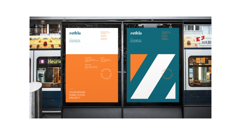 Zethla 建筑公司logo設(shè)計vi設(shè)計，正方形被斜切出字母Z+藍(lán)橙工業(yè)配色