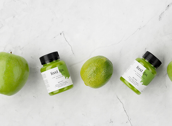 FoodSpa健康排毒果汁食品包裝設計，自然水彩配色方案