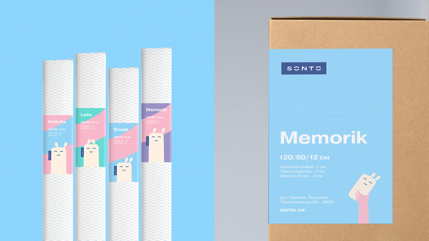 Sonto兒童床墊品牌vi視覺形象識別設計，源自床墊造型的可愛二維卡通設計