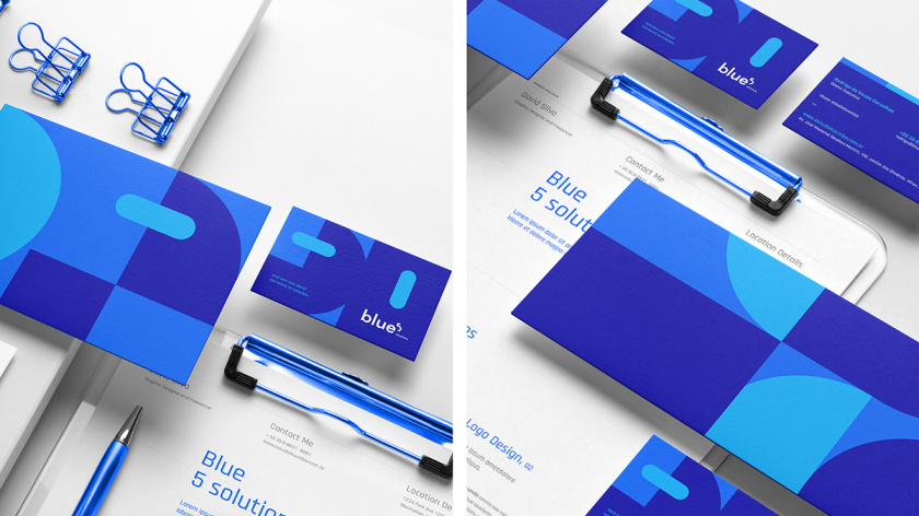 Blue 5 Solutions 科技公司企業品牌形象vi設計,,幾何同色系藍色色塊輔助圖形