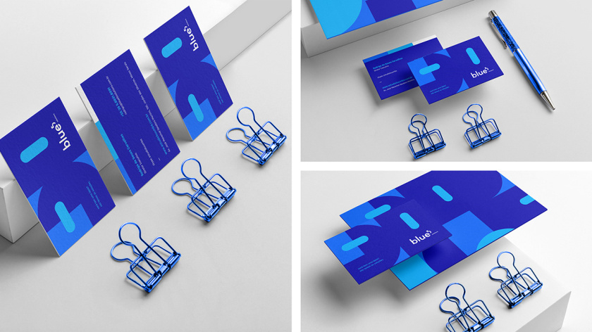 Blue 5 Solutions 科技公司企業品牌形象vi設計,,幾何同色系藍色色塊輔助圖形