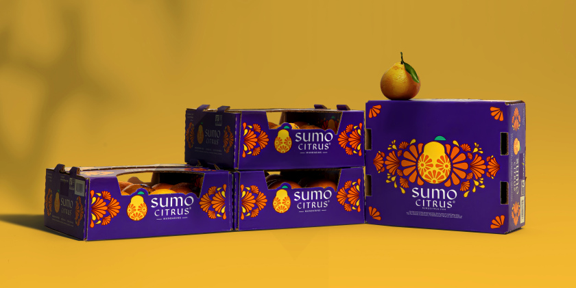 Sumo Citrus 橘子包裝箱設計靈感來自水果的獨特形狀和日式圖案