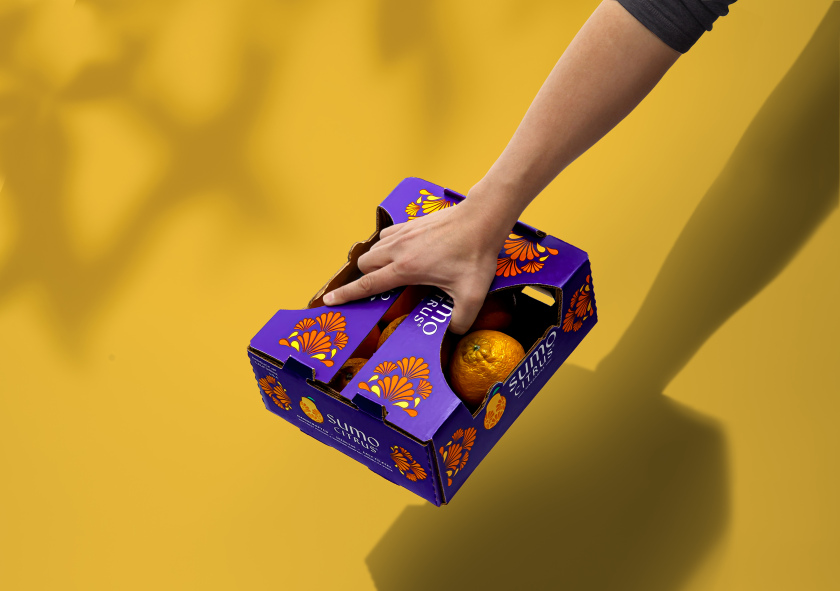 Sumo Citrus 橘子包裝箱設計靈感來自水果的獨特形狀和日式圖案