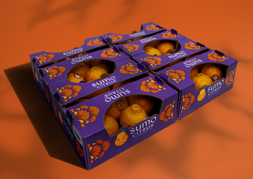 Sumo Citrus 橘子包裝箱設計靈感來自水果的獨特形狀和日式圖案
