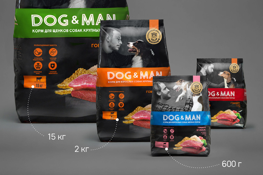 DOG&MAN 狗糧寵物食品包裝設計，男人與狗的親密照片