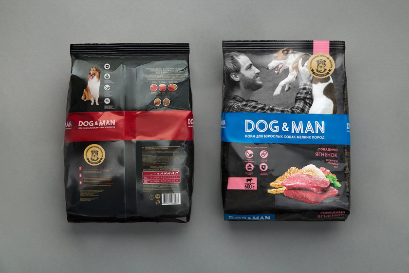 DOG&MAN 狗糧寵物食品包裝設計，男人與狗的親密照片