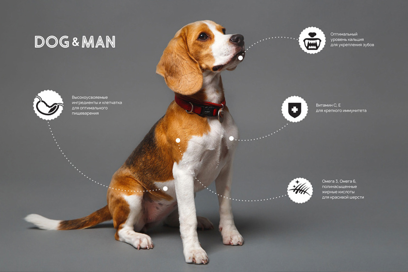 DOG&MAN 狗糧寵物食品包裝設計，男人與狗的親密照片