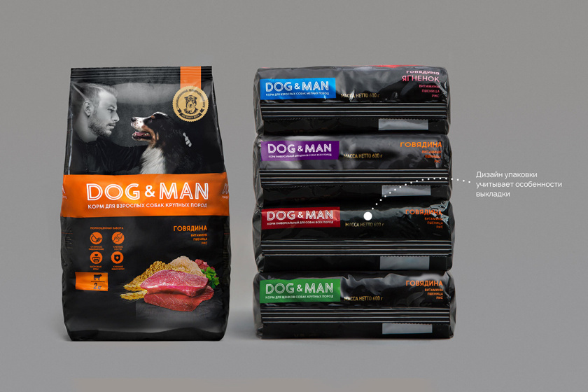DOG&MAN 狗糧寵物食品包裝設計，男人與狗的親密照片