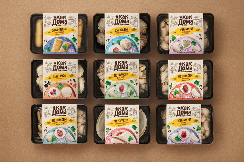 Kak Doma就像在家混沌餃子肉餡糕點冷凍保鮮烹飪食品包裝設計,手繪圖案+實物照片 Kak Doma就像在家混沌餃子肉餡糕點冷凍保鮮烹飪食品包裝設計,手繪圖案+實物照片