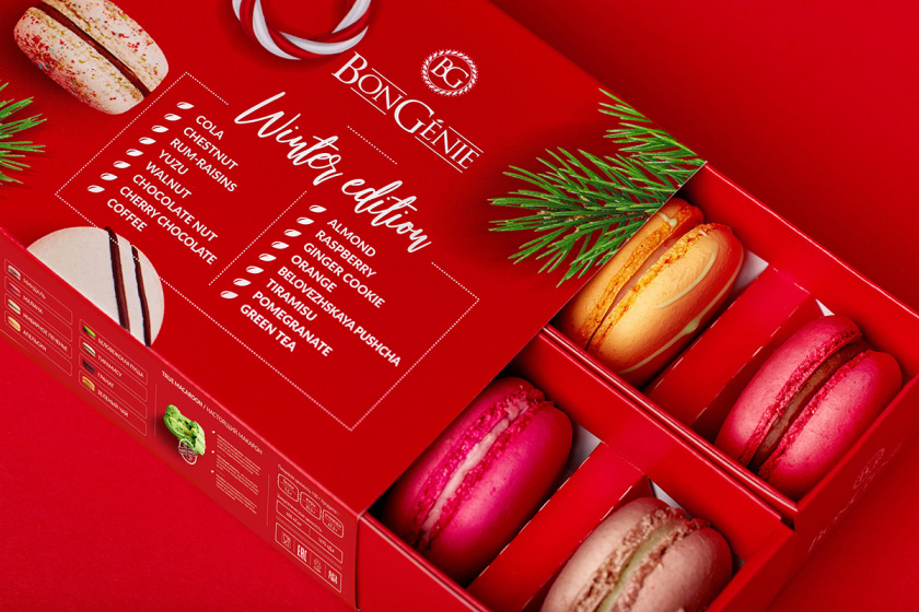 BonGenie馬卡龍糕點節日禮品裝食品包裝設計，喜慶紅色+糕點照片