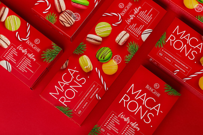 BonGenie馬卡龍糕點節日禮品裝食品包裝設計，喜慶紅色+糕點照片