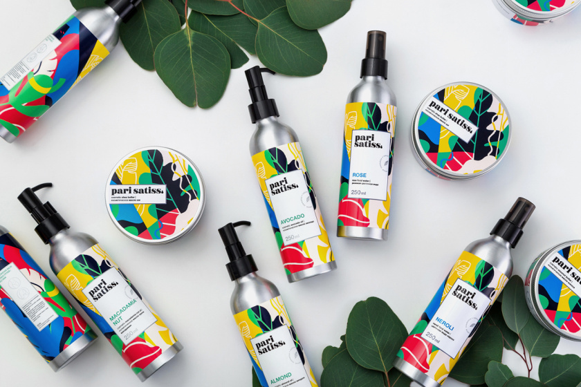 Pari Satiss天然化妝品包裝設計，天然有機植物抽象插畫圖案