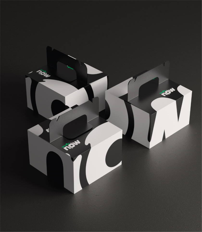 Naturals Now 黑白風格冰淇淋包裝設計，像奶油流動的白色大寫字母now