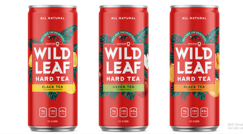 Wild Leaf 野葉硬茶水果混合茶飲飲料易拉罐包裝設計，紅色熱帶雨林插畫風格