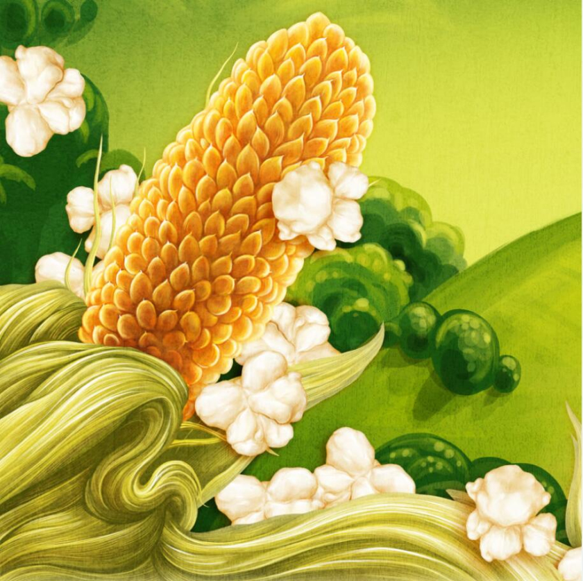 Tiny Mighty 袋裝爆米花包裝設(shè)計，非常藝術(shù)的田園風(fēng)格玉米與農(nóng)莊插畫設(shè)計