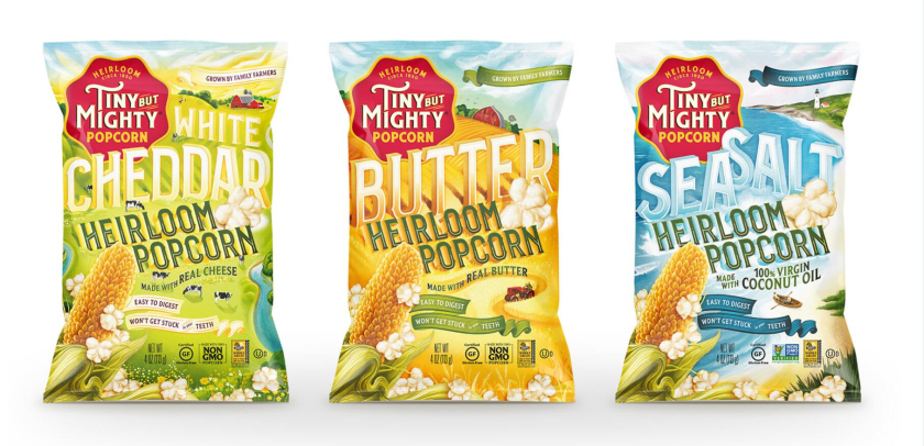 Tiny Mighty 袋裝爆米花包裝設(shè)計，非常藝術(shù)的田園風(fēng)格玉米與農(nóng)莊插畫設(shè)計