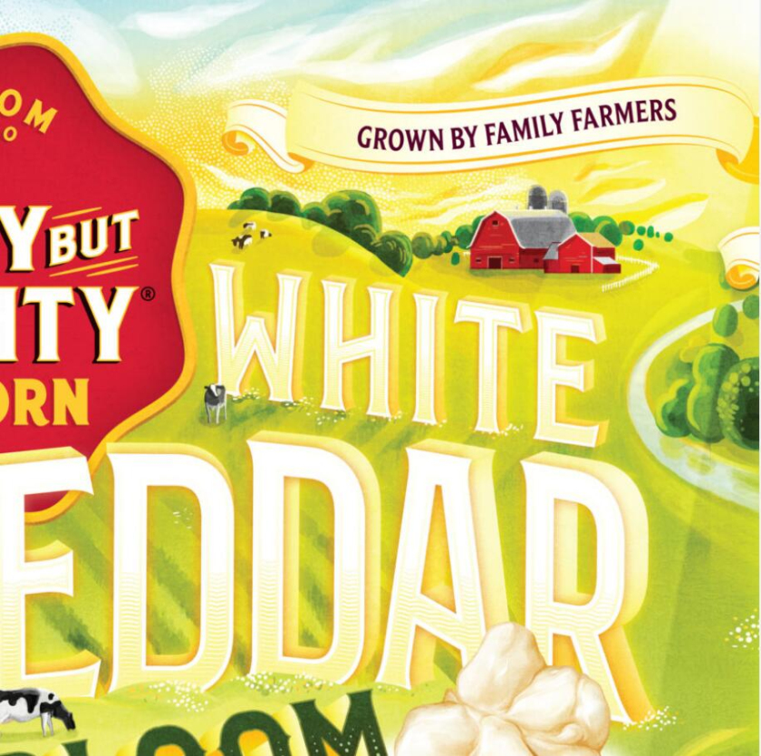 Tiny Mighty 袋裝爆米花包裝設(shè)計，非常藝術(shù)的田園風(fēng)格玉米與農(nóng)莊插畫設(shè)計