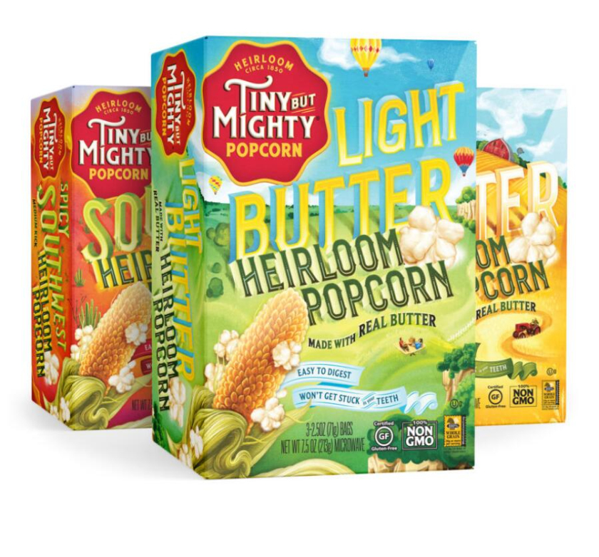 Tiny Mighty 袋裝爆米花包裝設(shè)計，非常藝術(shù)的田園風(fēng)格玉米與農(nóng)莊插畫設(shè)計