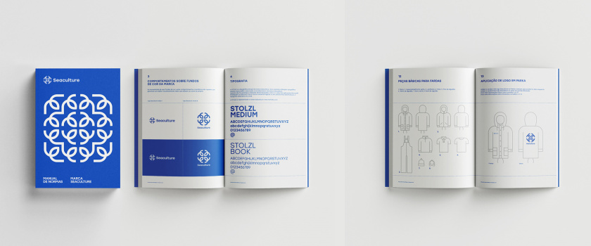 Seaculture 海水養(yǎng)殖海鮮品牌logo與vi識別設計，四個線條魚組合