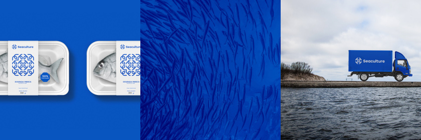 Seaculture 海水養(yǎng)殖海鮮品牌logo與vi識別設計，四個線條魚組合