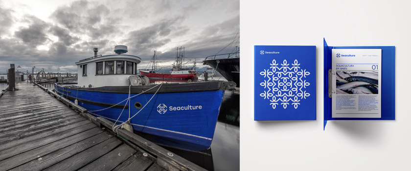 Seaculture 海水養(yǎng)殖海鮮品牌logo與vi識別設計，四個線條魚組合