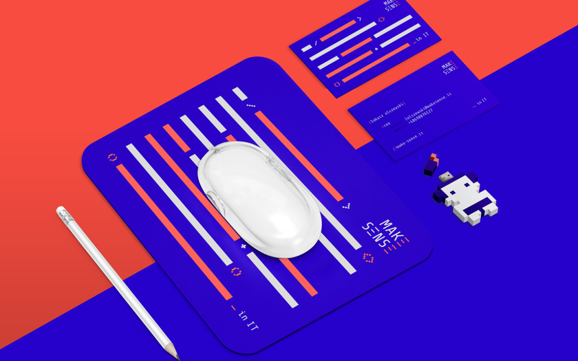 Make Sense 軟件開發公司vi設計，長短線條加代碼加馬賽克玩偶元素