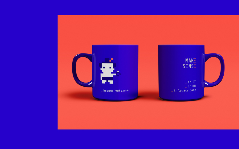 Make Sense 軟件開發公司vi設計，長短線條加代碼加馬賽克玩偶元素