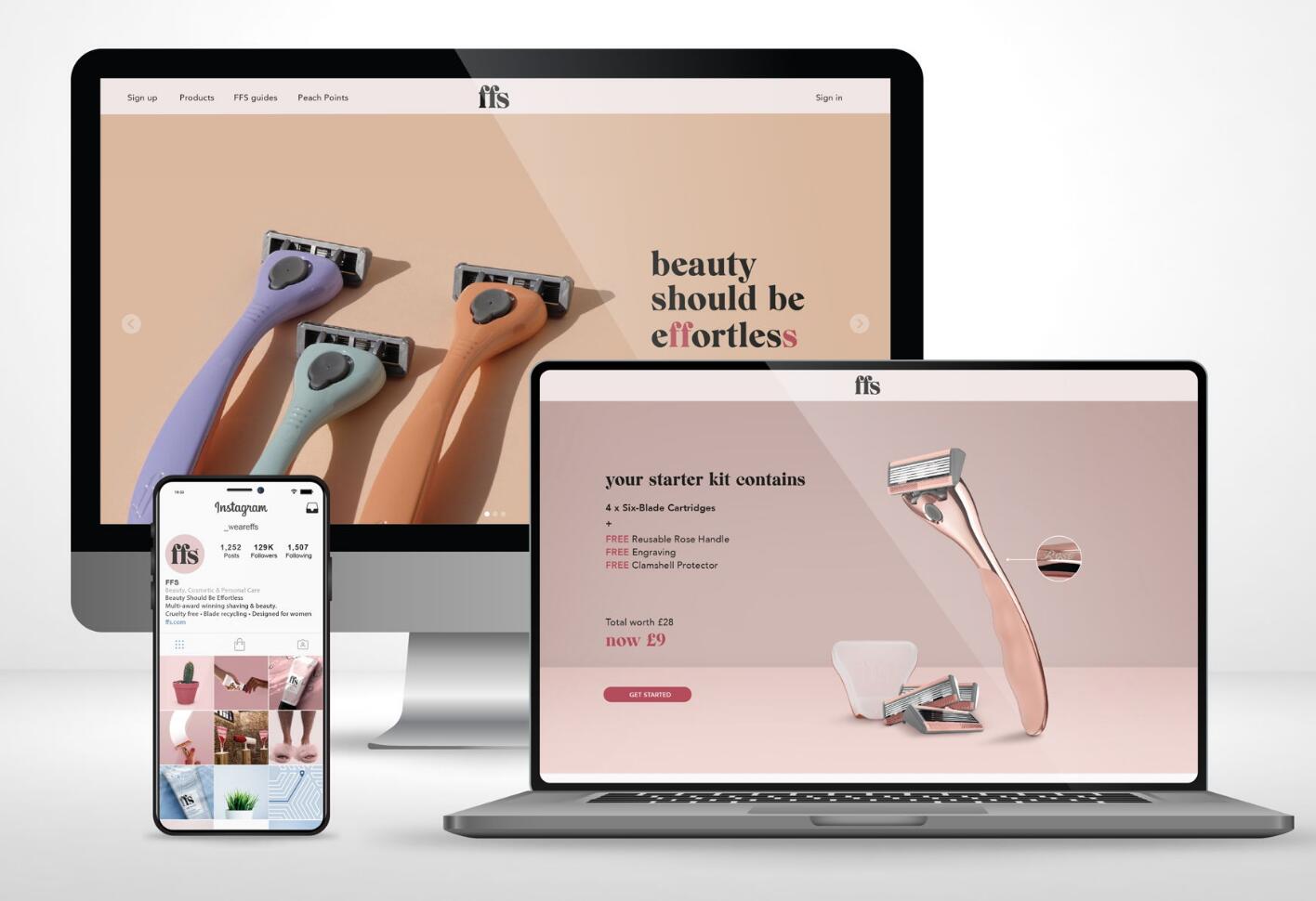 英國FFS女士剃毛刀品牌包裝設計網站設計，傳達“美麗應該輕松”的品牌精神