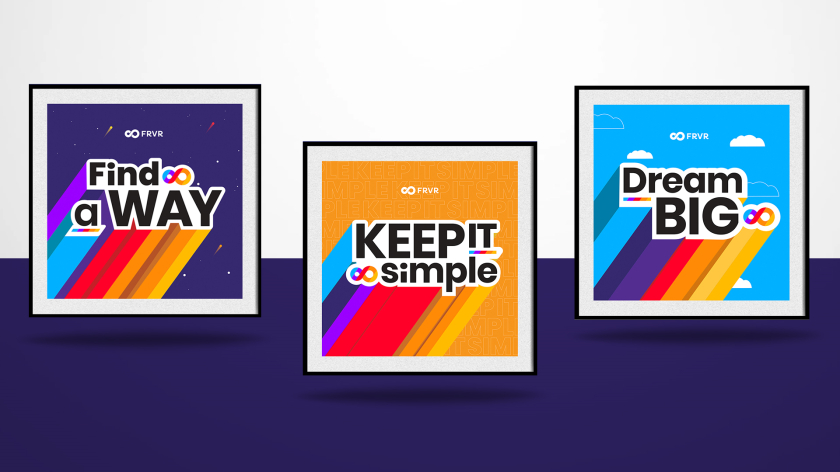 FRVR免費(fèi)休閑游戲平臺(tái)網(wǎng)站品牌重塑，對(duì)角線顏色分割無(wú)窮大造型LOGO設(shè)計(jì)+動(dòng)感線條輔助圖形