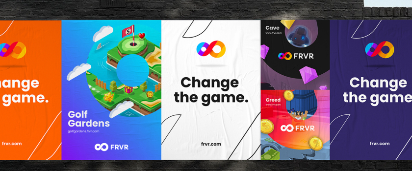 FRVR免費(fèi)休閑游戲平臺(tái)網(wǎng)站品牌重塑，對(duì)角線顏色分割無(wú)窮大造型LOGO設(shè)計(jì)+動(dòng)感線條輔助圖形