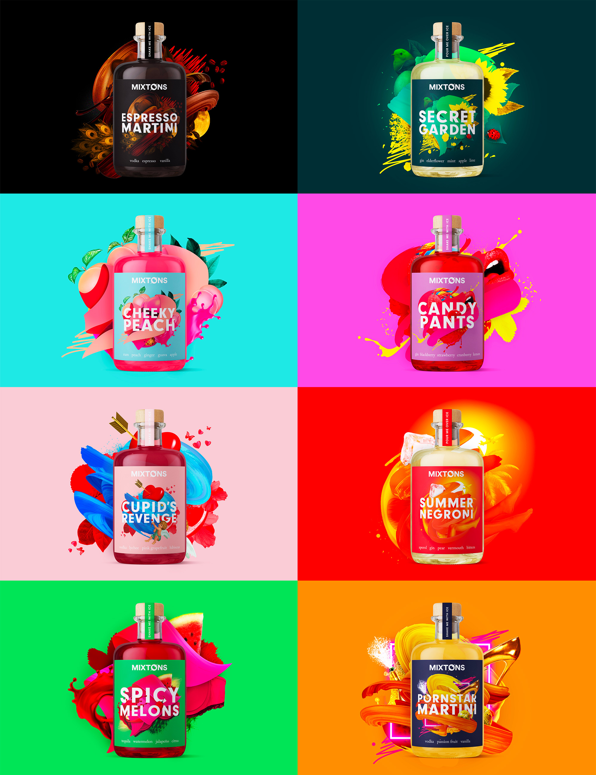 Mixton 雞尾酒包裝設(shè)計(jì)“3D混合元素拼貼插圖風(fēng)格”