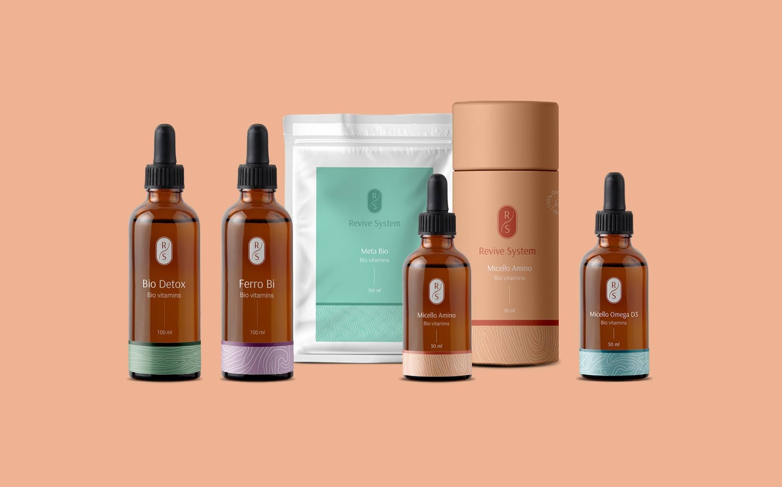 RS(Revive System)復合維生素保健品包裝設計，接近精油化妝品的優雅的高識別包裝