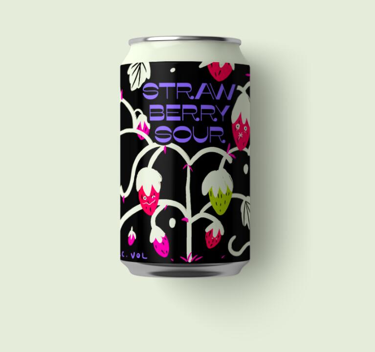 Strawberry Sour 草莓酸易拉罐啤酒包裝設計黑底草莓插畫設計
