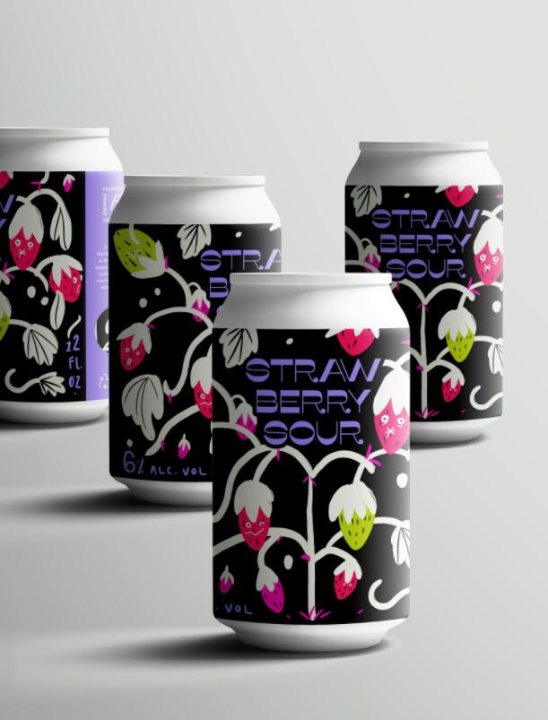 Strawberry Sour 草莓酸易拉罐啤酒包裝設計黑底草莓插畫設計