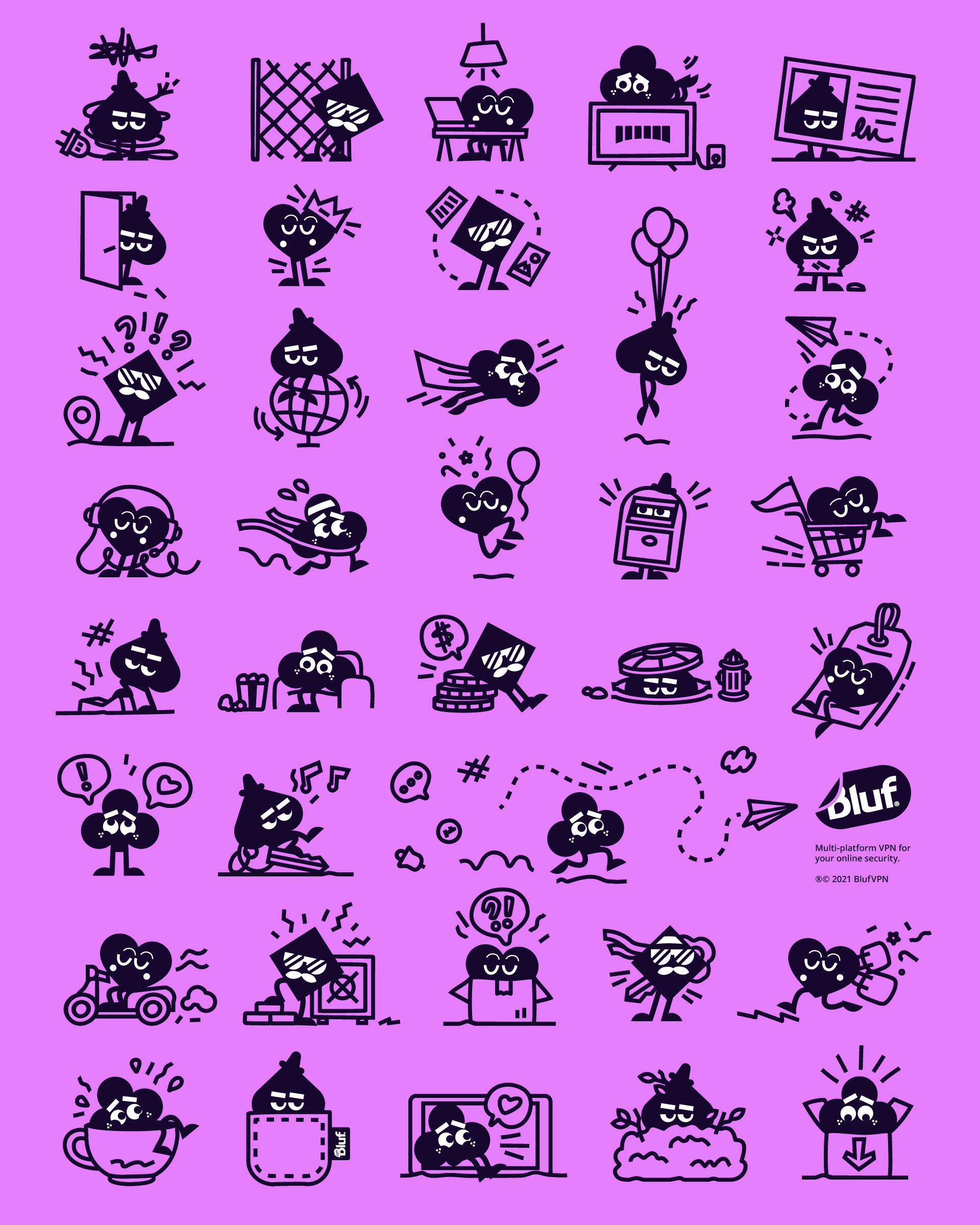 Bluf翻墻與隱私保護VPN軟件品牌設計ip卡通-基于撲克牌套裝的人物：鉆石（?）、球桿（?）、心（?）和黑桃（?）。