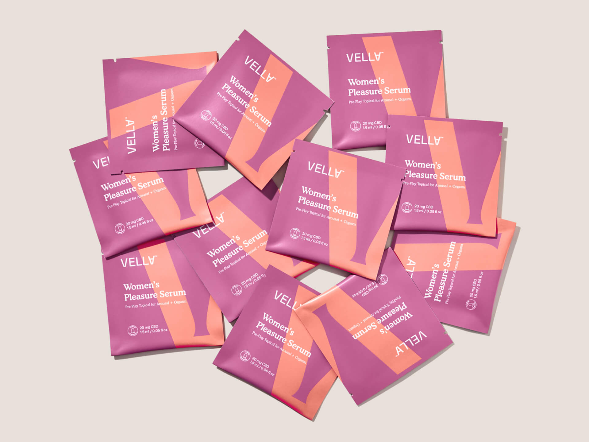 Vella女性愉悅精華素包裝設計，化妝品風格，突出v字母識別