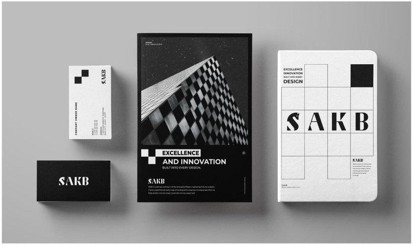 SAKB可再生能源建筑公司企業vi形象設計—S+國際象棋馬logo設計與棋盤輔助圖形設計